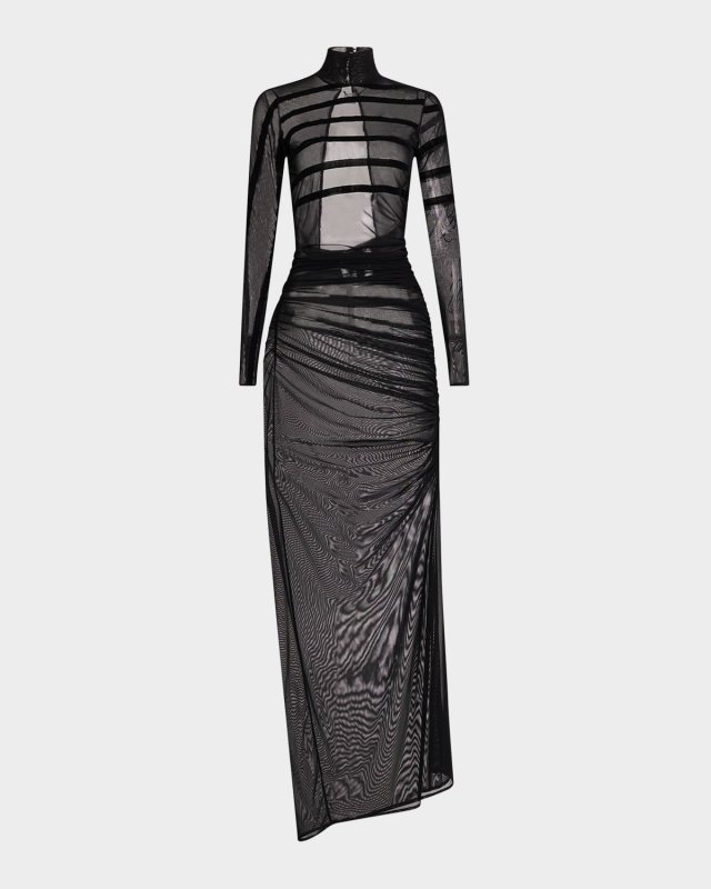 Turtleneck Flocked Mariniere Mesh Maxi Dress